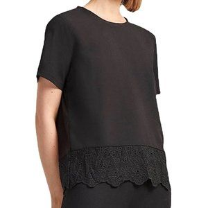 New French Connection Embroidered Eyelet Hem Short Sleeve Top Black Size XS